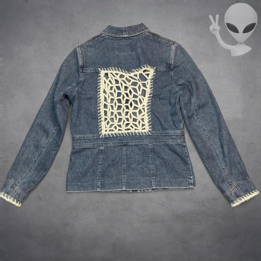 Vintage 1994 RALPH Ralph Lauren Womens Medium Zip Denim Jacket Crochet Trim - Picture 6 of 8